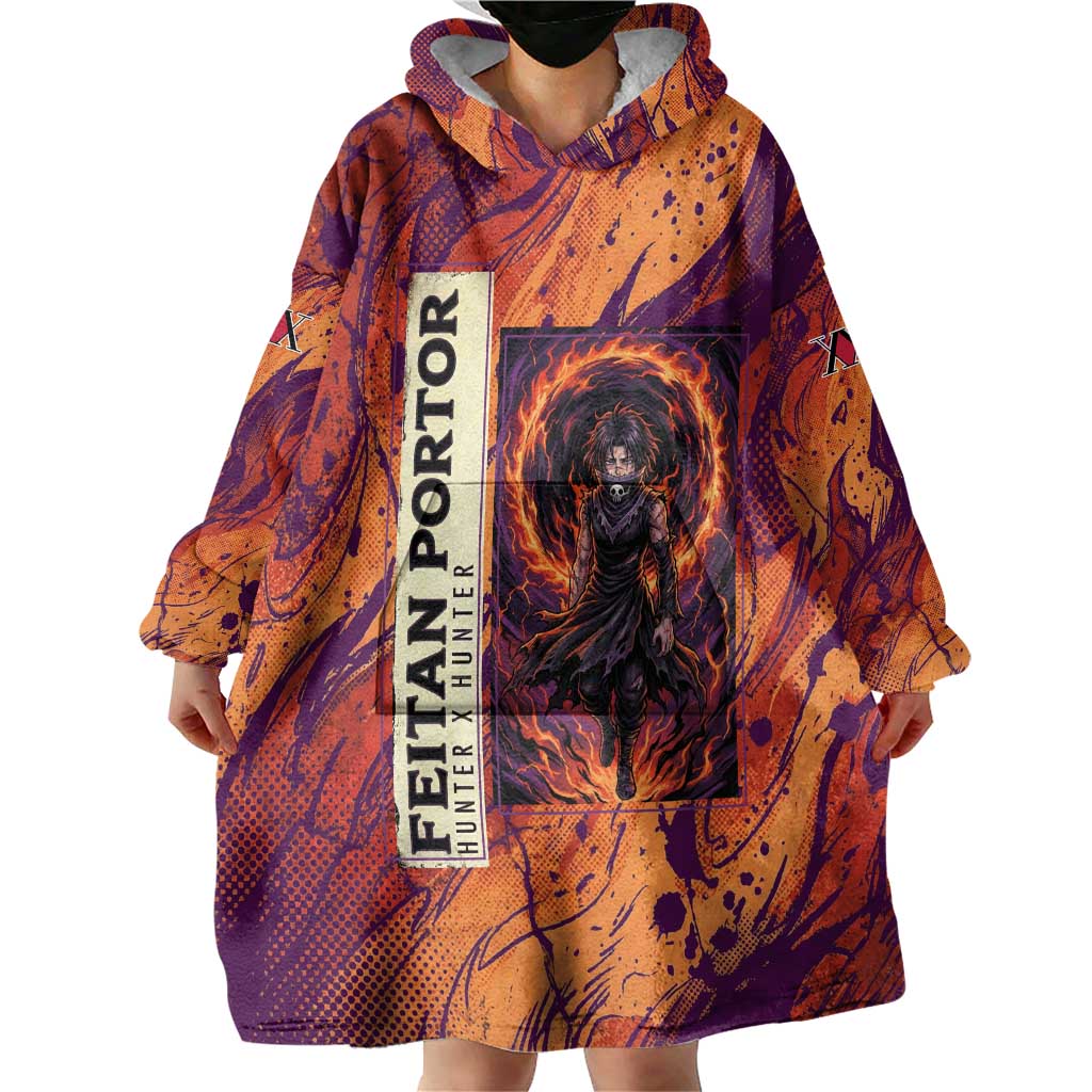 Feitan Portor Flame Aura Design Wearable Blanket Hoodie with Sword Stance and Intense Anime Artwork - The Mazicc