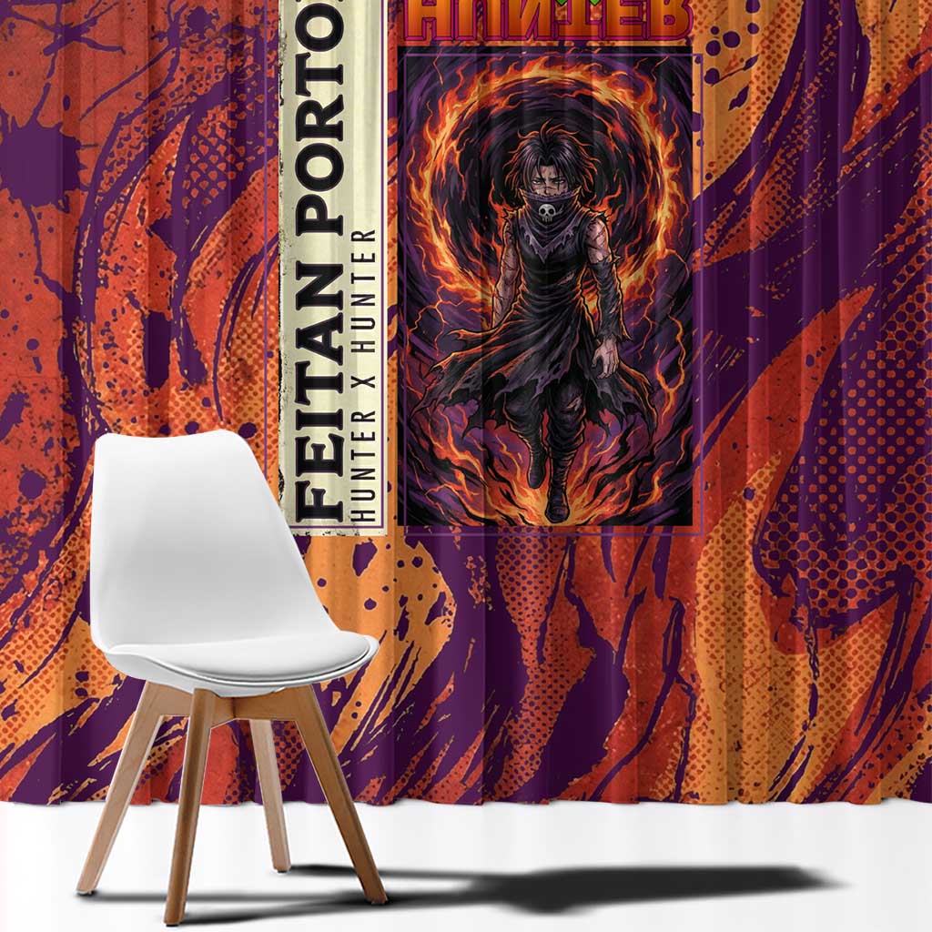 Feitan Portor Flame Aura Design Window Curtain with Sword Stance and Intense Anime Artwork - The Mazicc