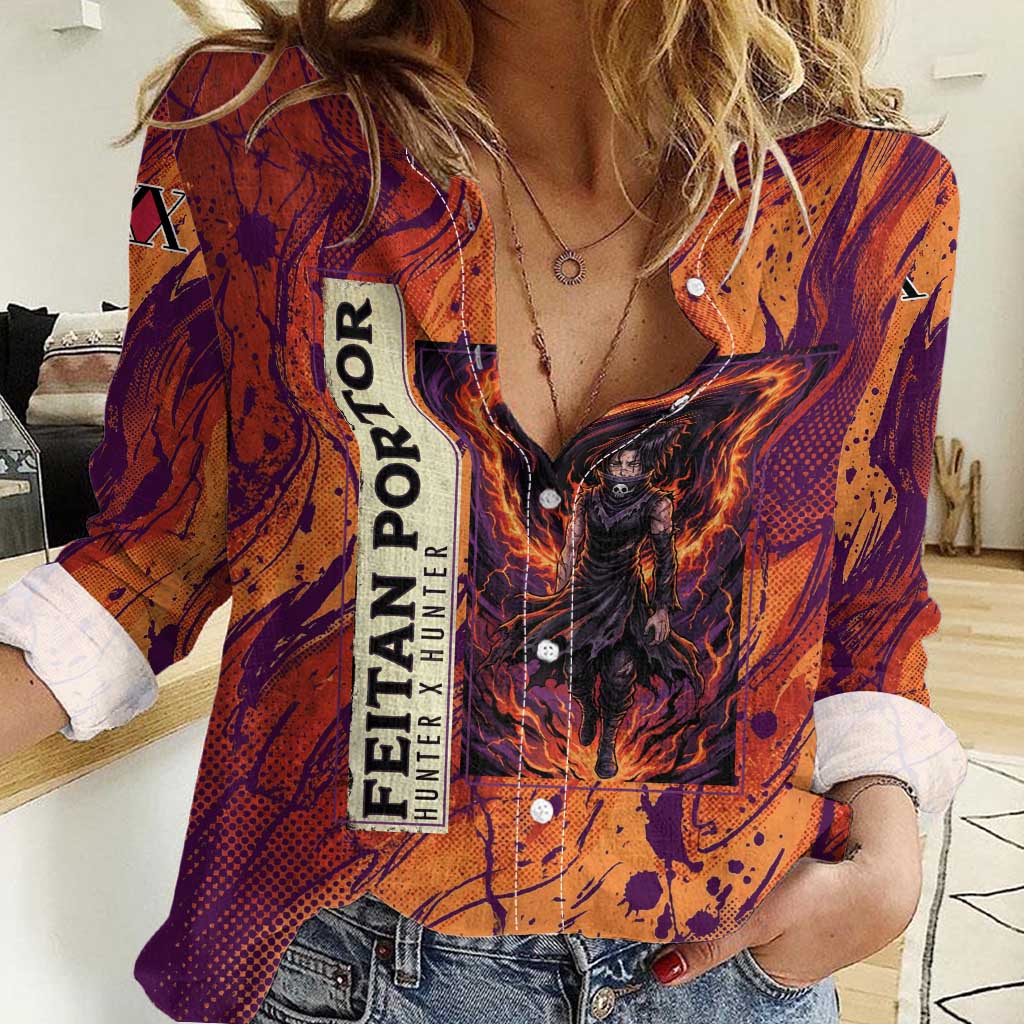 Feitan Portor Flame Aura Design Women Casual Shirt with Sword Stance and Intense Anime Artwork - The Mazicc