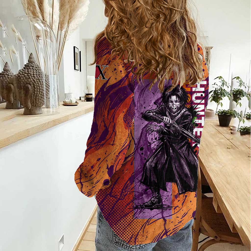 Feitan Portor Flame Aura Design Women Casual Shirt with Sword Stance and Intense Anime Artwork - The Mazicc