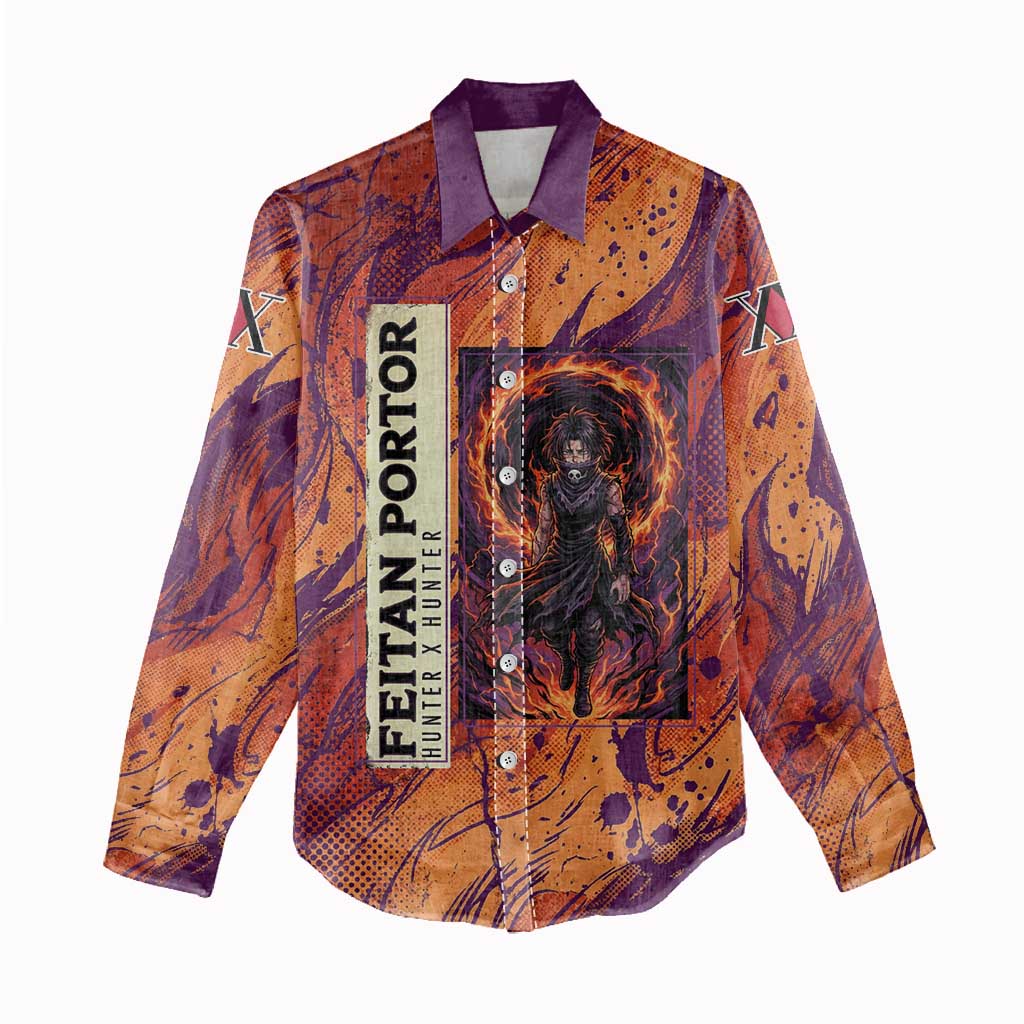 Feitan Portor Flame Aura Design Women Casual Shirt with Sword Stance and Intense Anime Artwork - The Mazicc