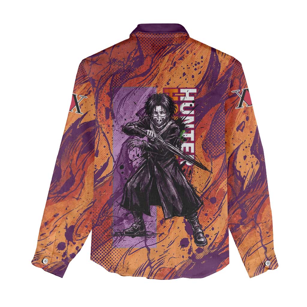 Feitan Portor Flame Aura Design Women Casual Shirt with Sword Stance and Intense Anime Artwork - The Mazicc