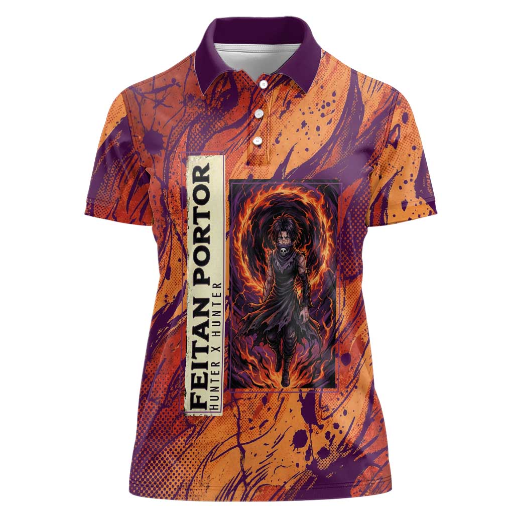 Feitan Portor Flame Aura Design Women Polo Shirt with Sword Stance and Intense Anime Artwork - The Mazicc