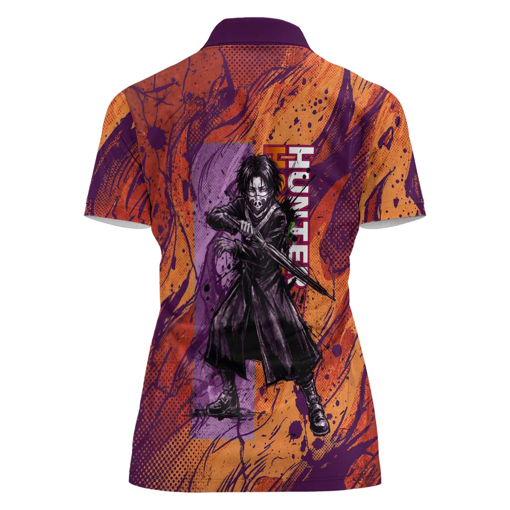 Feitan Portor Flame Aura Design Women Polo Shirt with Sword Stance and Intense Anime Artwork - The Mazicc