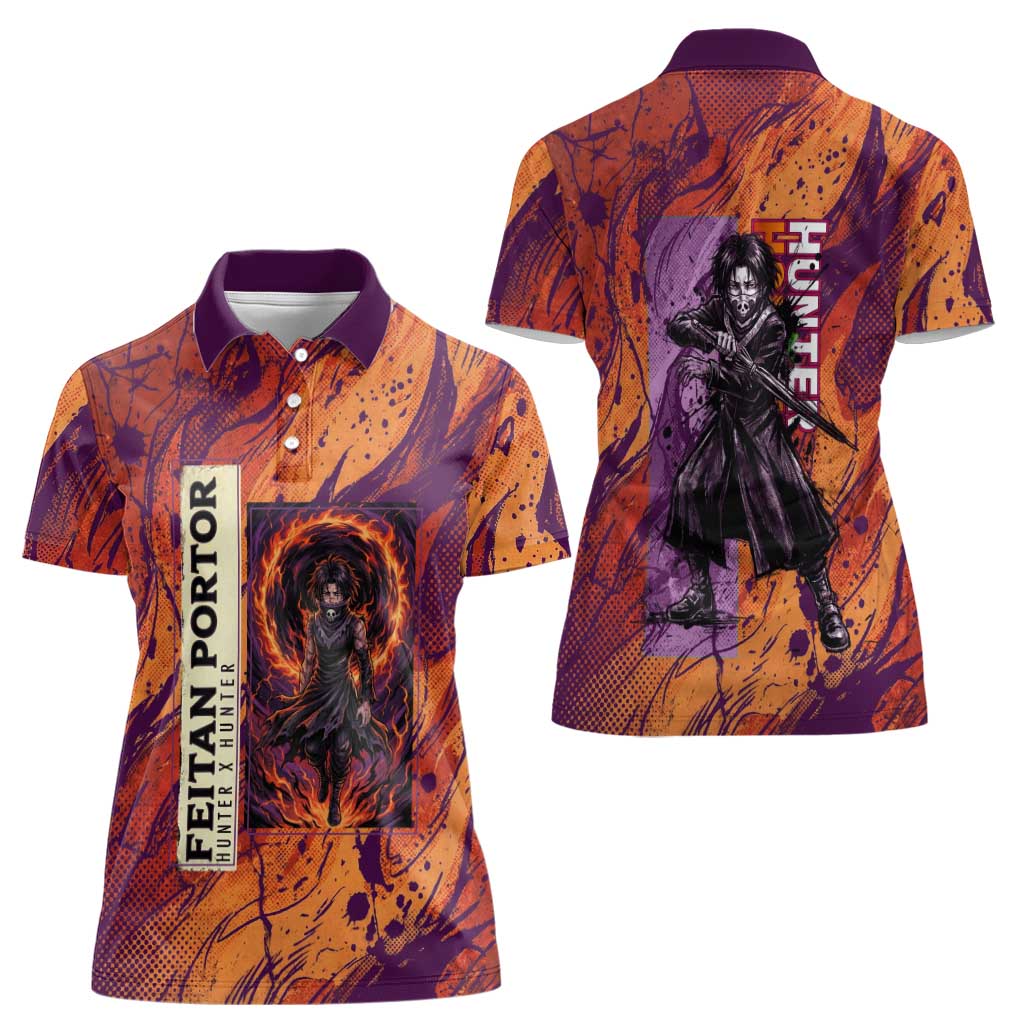 Feitan Portor Flame Aura Design Women Polo Shirt with Sword Stance and Intense Anime Artwork - The Mazicc