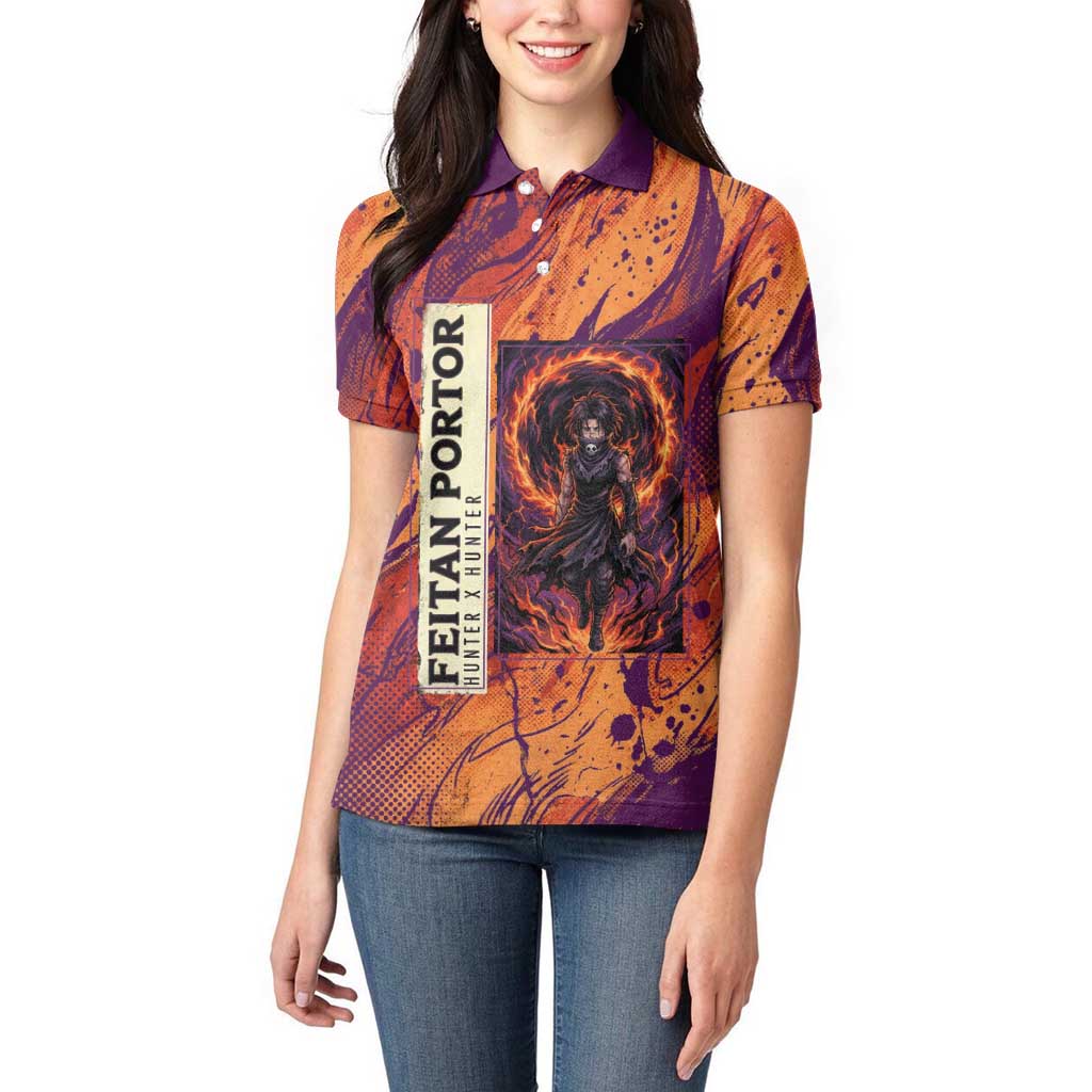 Feitan Portor Flame Aura Design Women Polo Shirt with Sword Stance and Intense Anime Artwork - The Mazicc