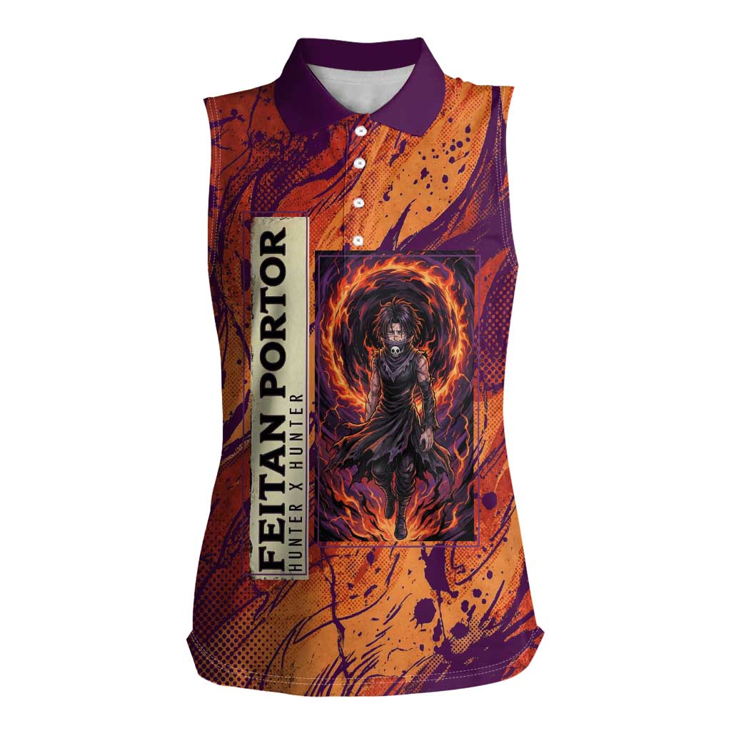 Feitan Portor Flame Aura Design Women Sleeveless Polo Shirt with Sword Stance and Intense Anime Artwork - The Mazicc