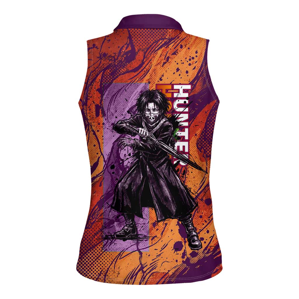 Feitan Portor Flame Aura Design Women Sleeveless Polo Shirt with Sword Stance and Intense Anime Artwork - The Mazicc