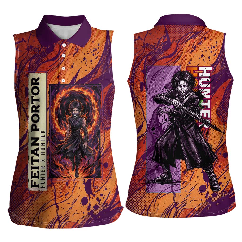 Feitan Portor Flame Aura Design Women Sleeveless Polo Shirt with Sword Stance and Intense Anime Artwork - The Mazicc