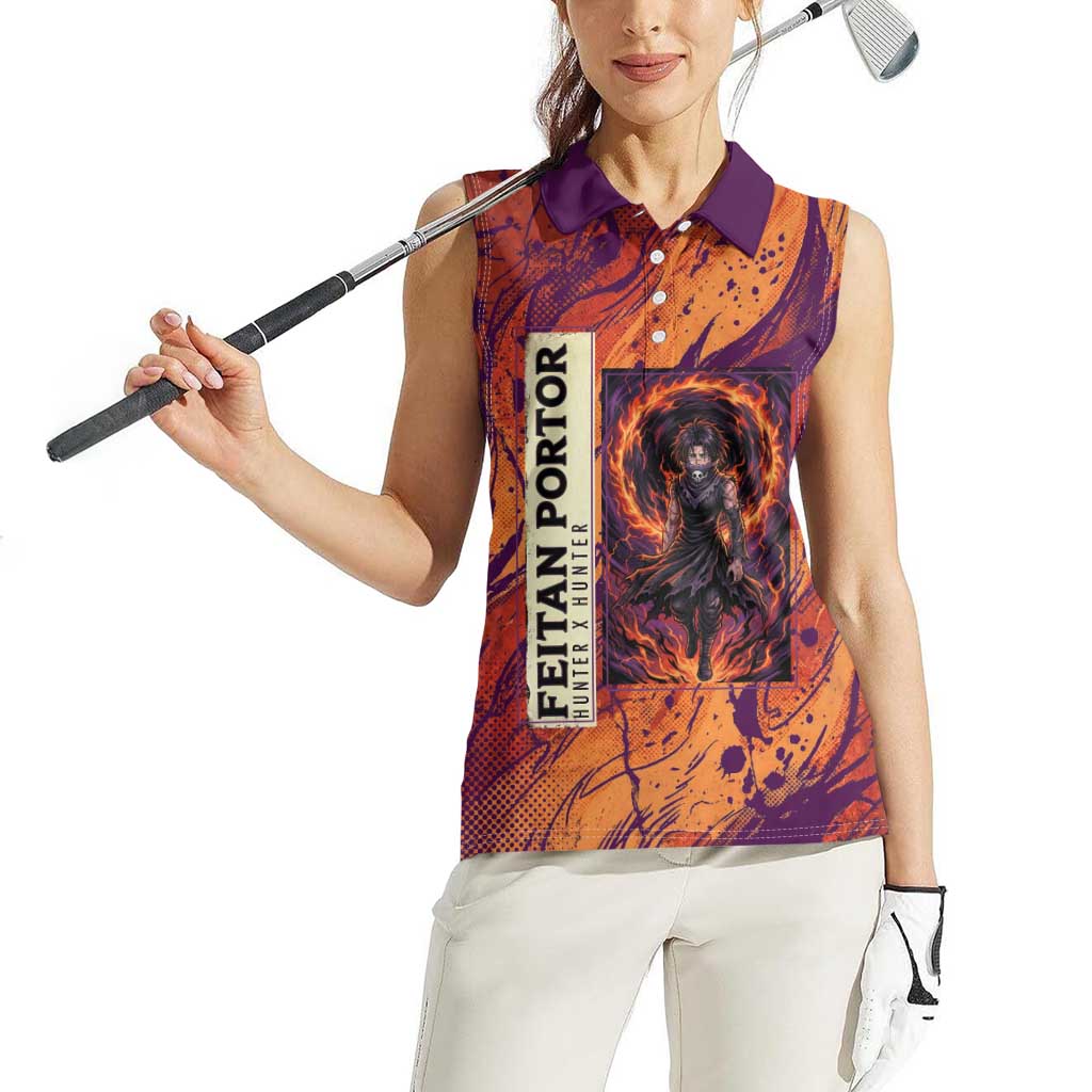 Feitan Portor Flame Aura Design Women Sleeveless Polo Shirt with Sword Stance and Intense Anime Artwork - The Mazicc