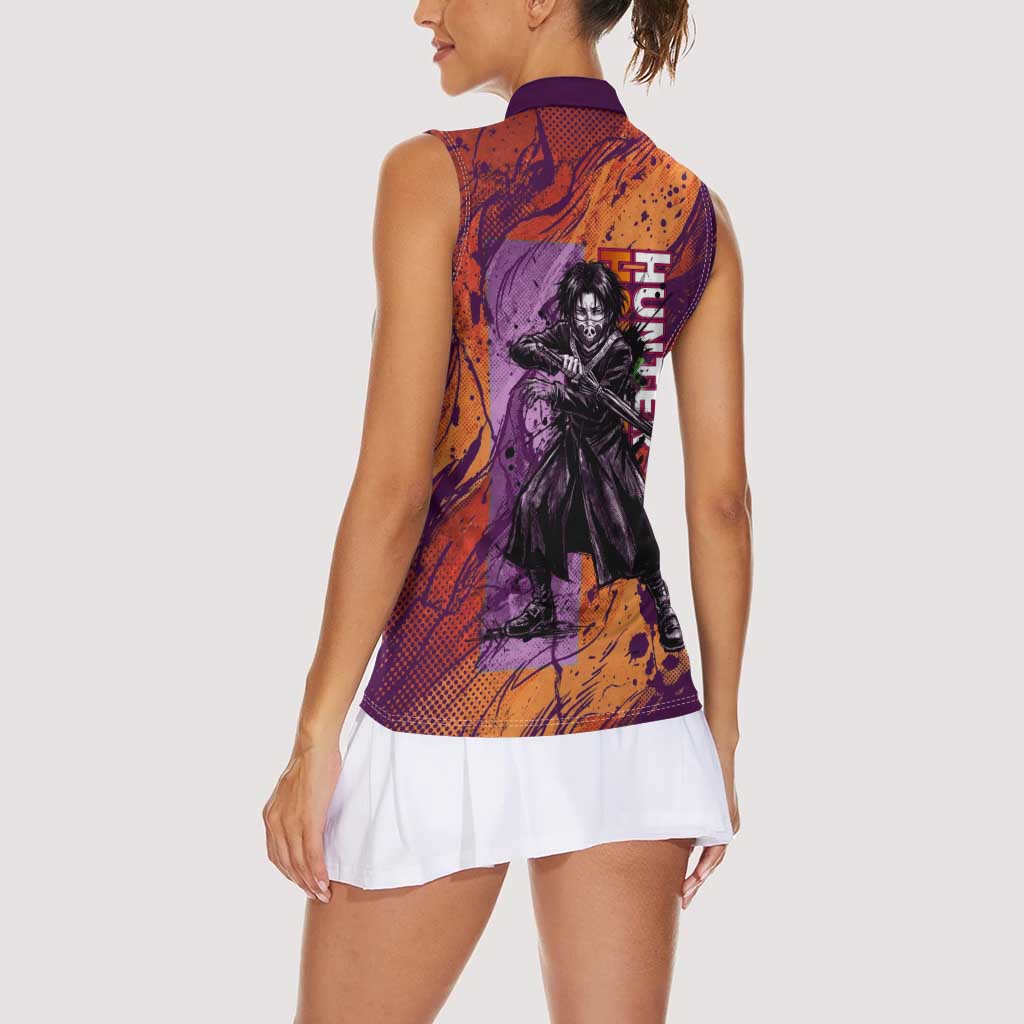 Feitan Portor Flame Aura Design Women Sleeveless Polo Shirt with Sword Stance and Intense Anime Artwork - The Mazicc