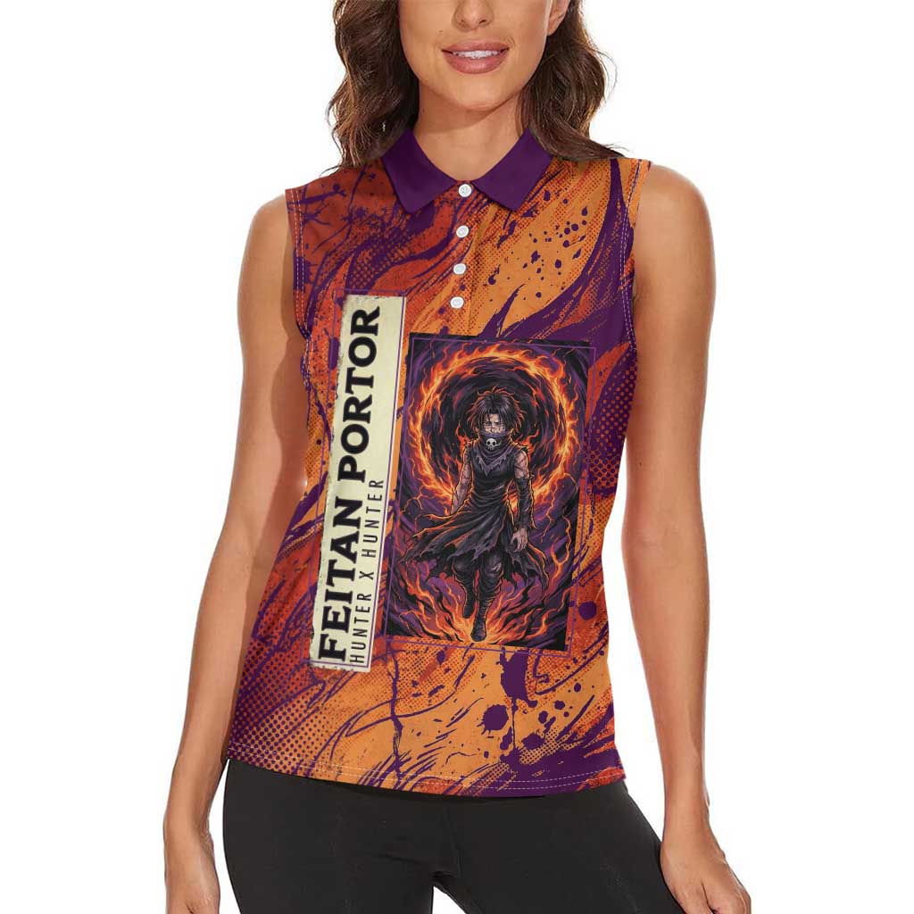 Feitan Portor Flame Aura Design Women Sleeveless Polo Shirt with Sword Stance and Intense Anime Artwork - The Mazicc