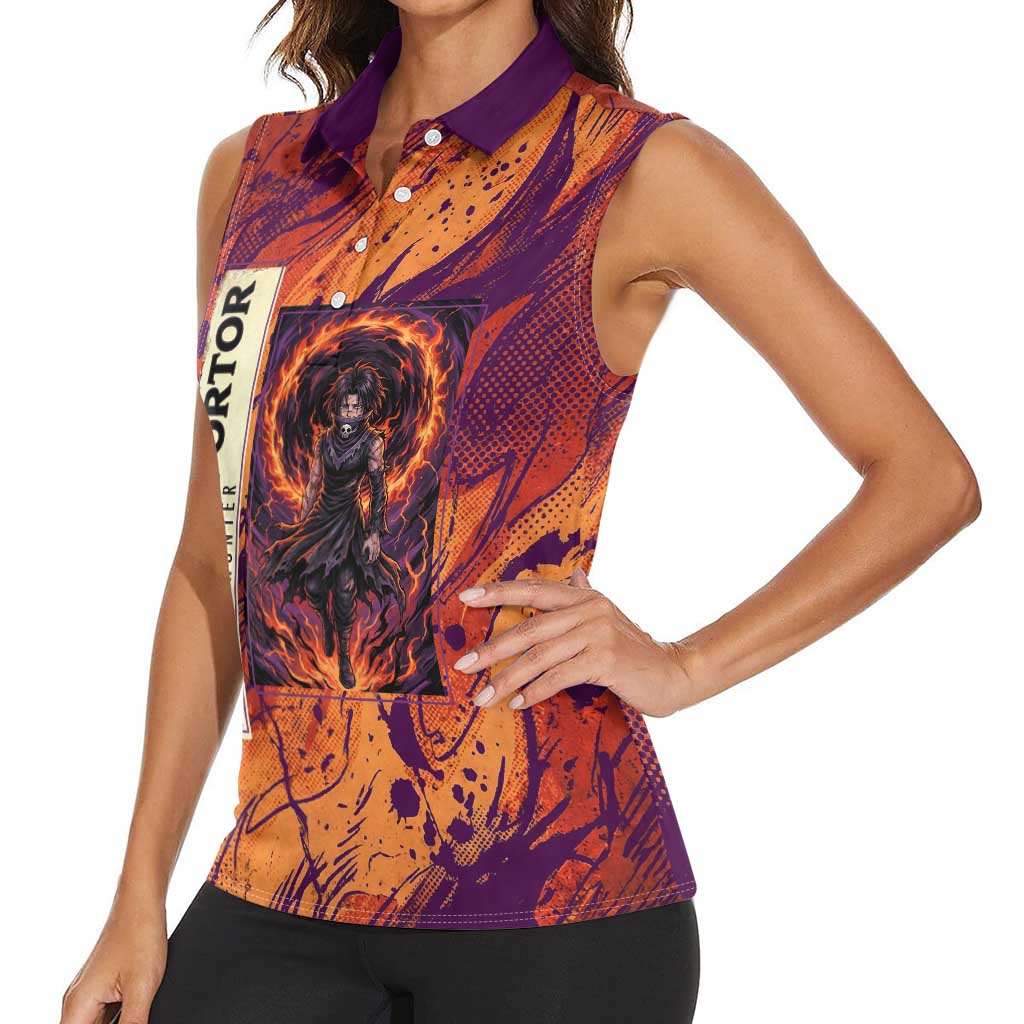 Feitan Portor Flame Aura Design Women Sleeveless Polo Shirt with Sword Stance and Intense Anime Artwork - The Mazicc