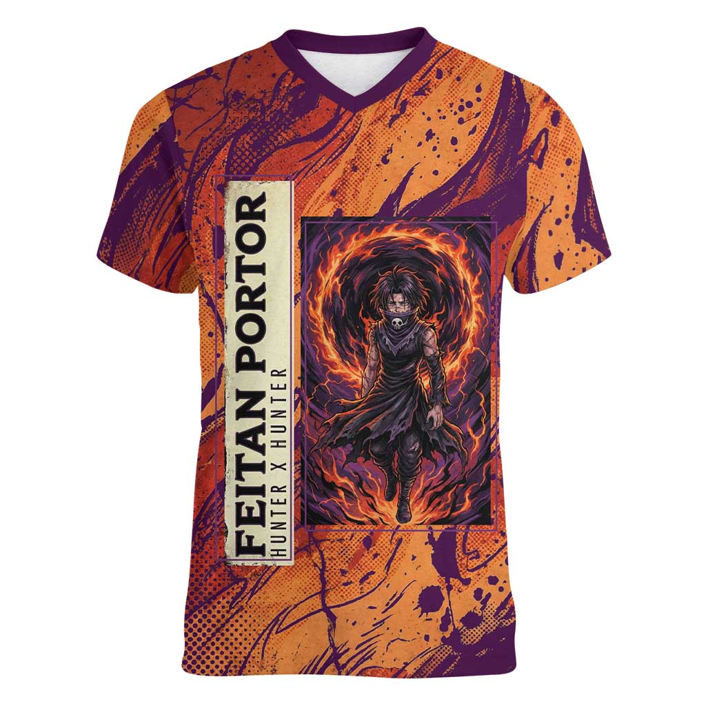 Feitan Portor Flame Aura Design Women V-Neck T-Shirt with Sword Stance and Intense Anime Artwork - The Mazicc