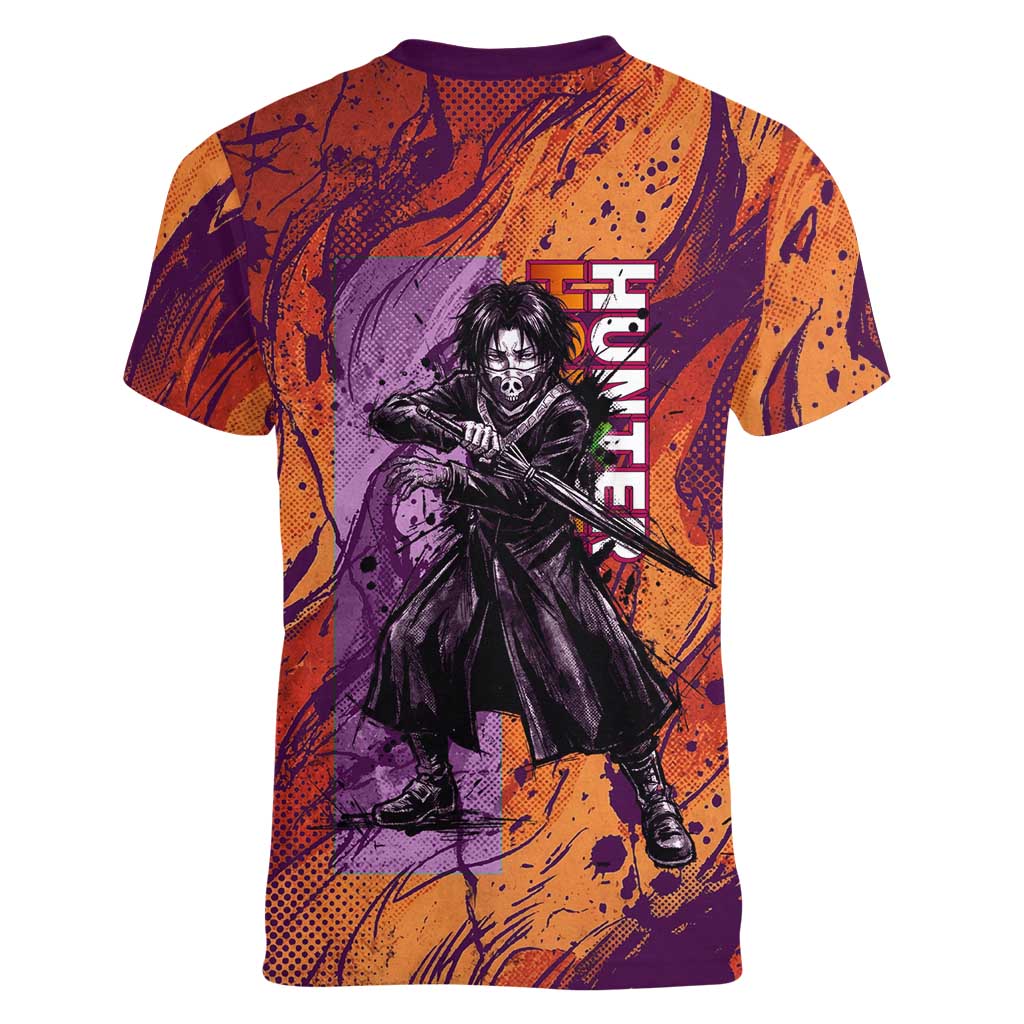 Feitan Portor Flame Aura Design Women V-Neck T-Shirt with Sword Stance and Intense Anime Artwork - The Mazicc
