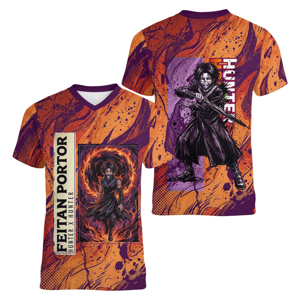 Feitan Portor Flame Aura Design Women V-Neck T-Shirt with Sword Stance and Intense Anime Artwork - The Mazicc
