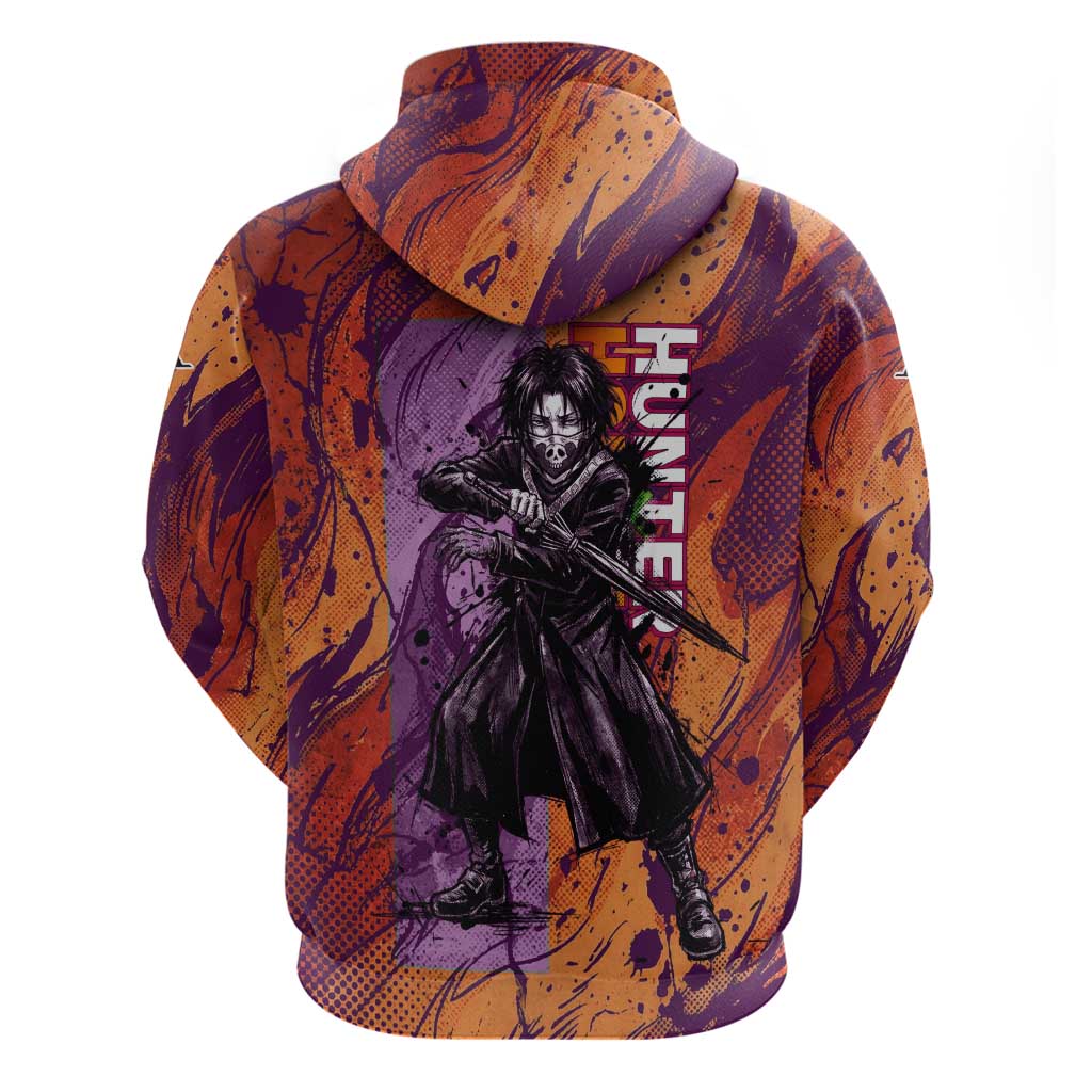Feitan Portor Flame Aura Design Zip Hoodie with Sword Stance and Intense Anime Artwork - The Mazicc