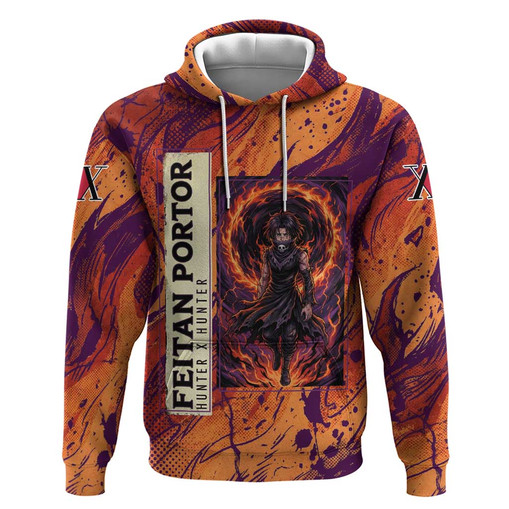 Feitan Portor Flame Aura Design Zip Hoodie with Sword Stance and Intense Anime Artwork - The Mazicc