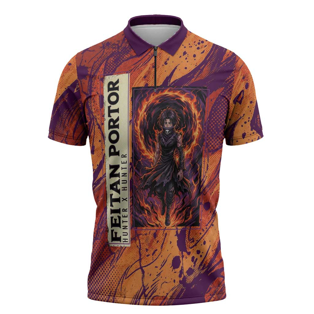 Feitan Portor Flame Aura Design Zipper Polo Shirt with Sword Stance and Intense Anime Artwork - The Mazicc