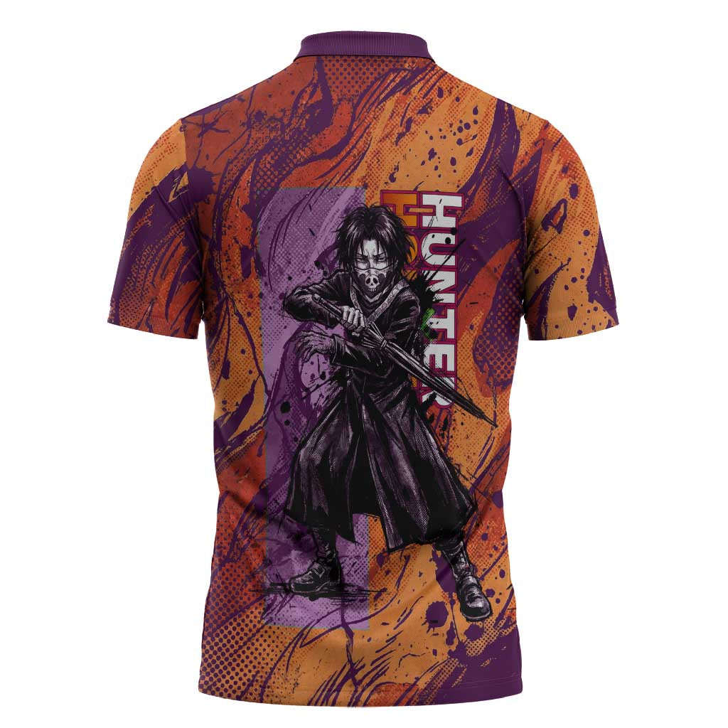 Feitan Portor Flame Aura Design Zipper Polo Shirt with Sword Stance and Intense Anime Artwork - The Mazicc