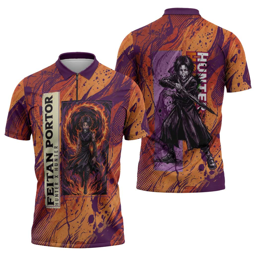 Feitan Portor Flame Aura Design Zipper Polo Shirt with Sword Stance and Intense Anime Artwork - The Mazicc