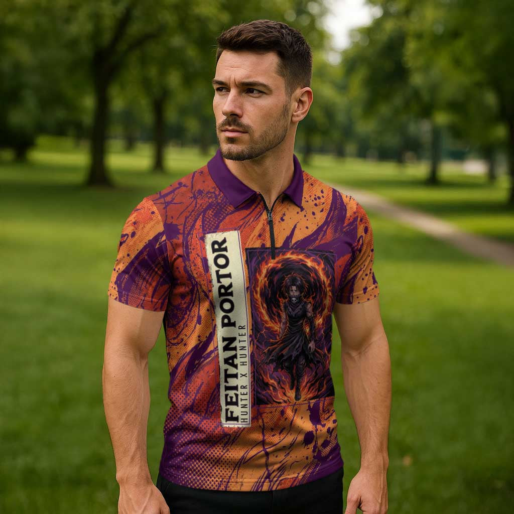 Feitan Portor Flame Aura Design Zipper Polo Shirt with Sword Stance and Intense Anime Artwork - The Mazicc