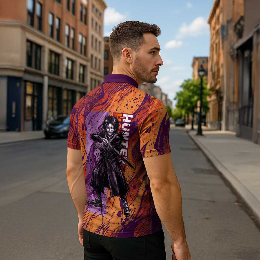 Feitan Portor Flame Aura Design Zipper Polo Shirt with Sword Stance and Intense Anime Artwork - The Mazicc