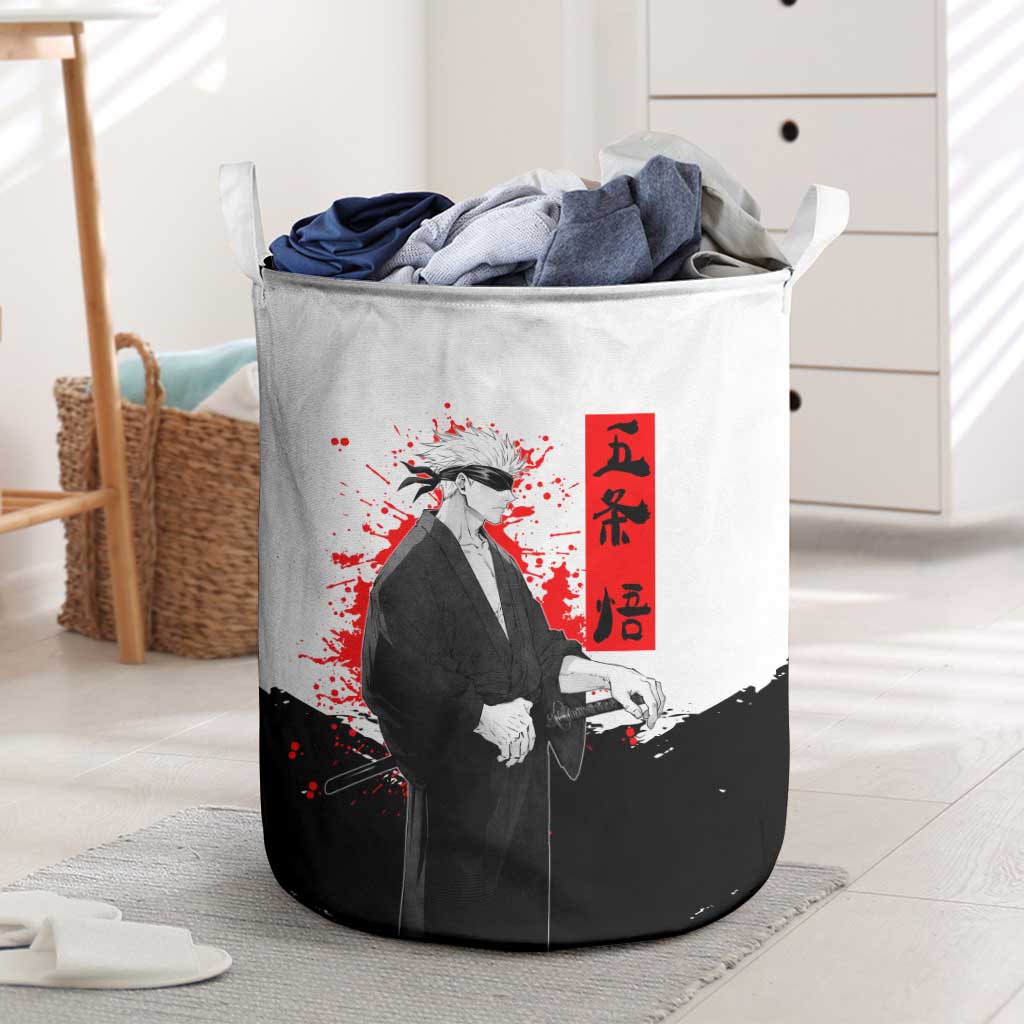 Satoru Gojo Jujutsu Kaisen Samurai Style Laundry Basket with Katana, Red Kanji and Oni Mask Illustration - The Mazicc