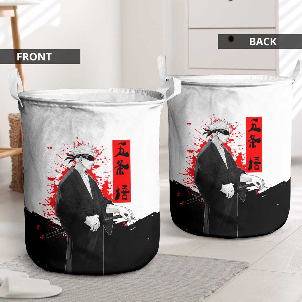 Satoru Gojo Jujutsu Kaisen Samurai Style Laundry Basket with Katana, Red Kanji and Oni Mask Illustration - The Mazicc