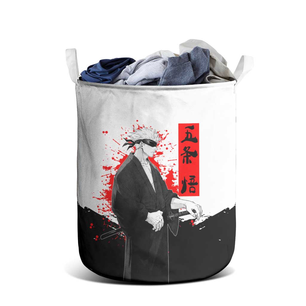 Satoru Gojo Jujutsu Kaisen Samurai Style Laundry Basket with Katana, Red Kanji and Oni Mask Illustration - The Mazicc