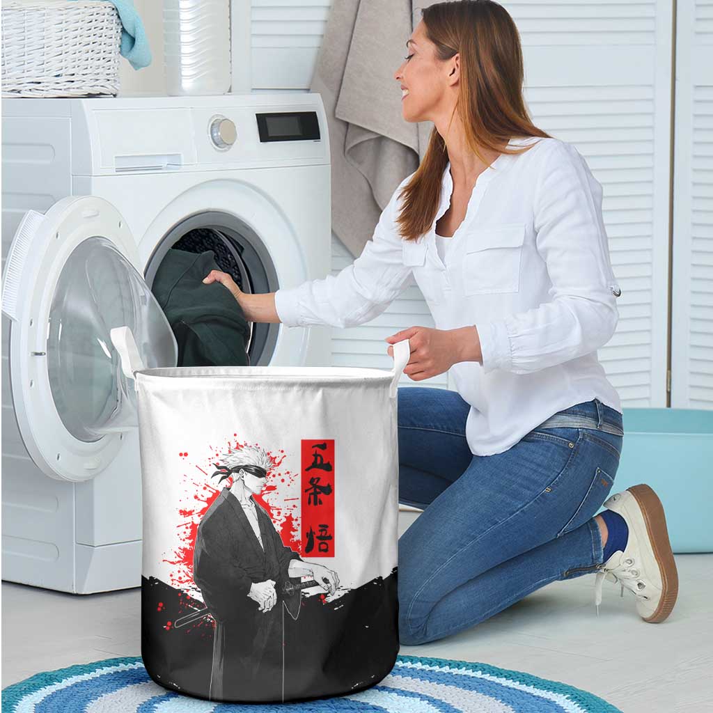 Satoru Gojo Jujutsu Kaisen Samurai Style Laundry Basket with Katana, Red Kanji and Oni Mask Illustration - The Mazicc