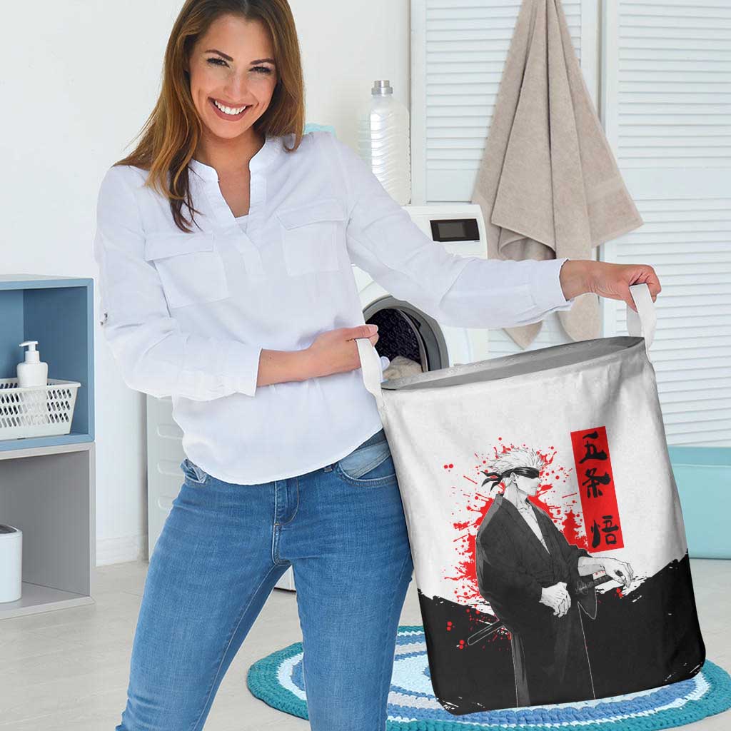 Satoru Gojo Jujutsu Kaisen Samurai Style Laundry Basket with Katana, Red Kanji and Oni Mask Illustration - The Mazicc
