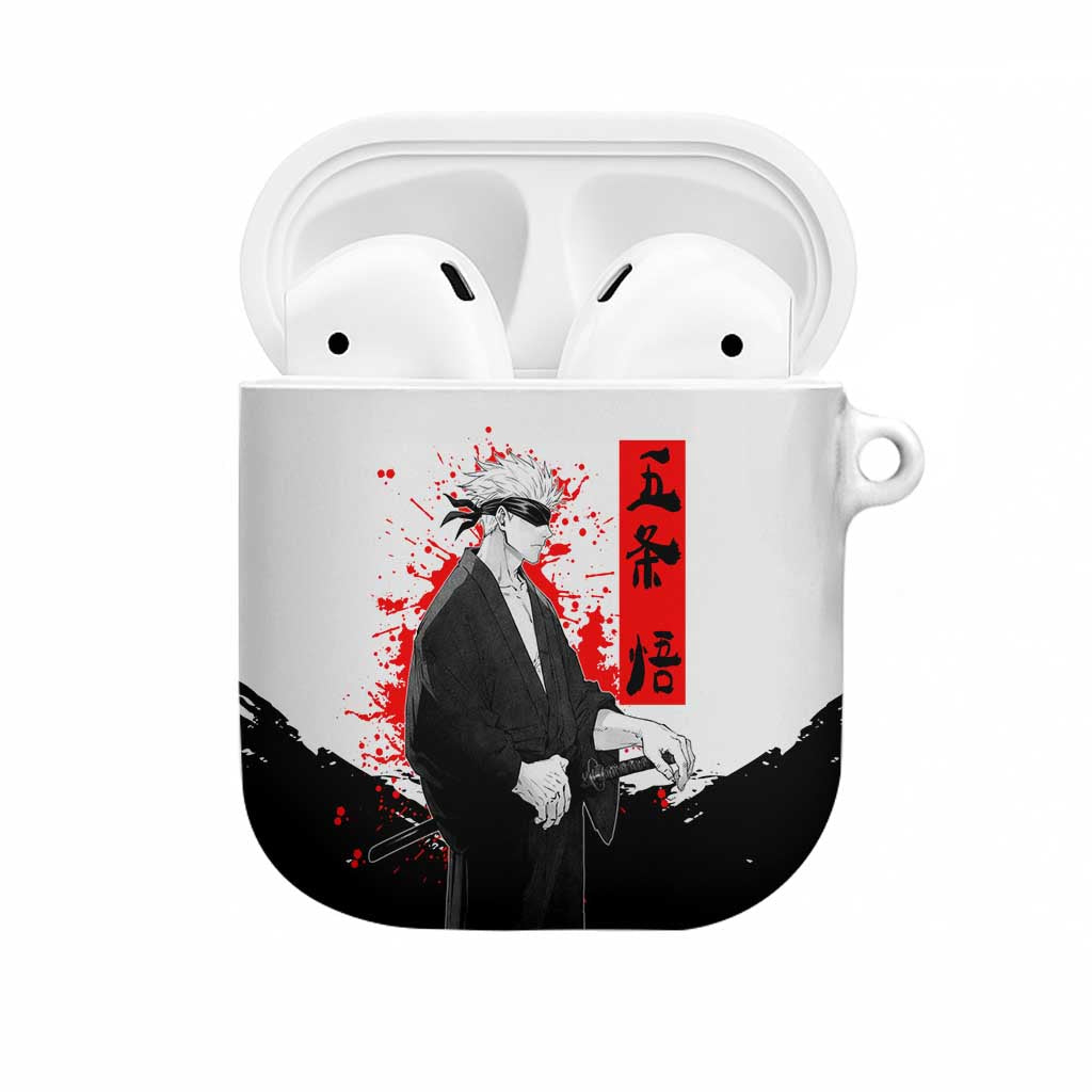 Satoru Gojo Jujutsu Kaisen Samurai Style AirPods Case with Katana, Red Kanji and Oni Mask Illustration - The Mazicc