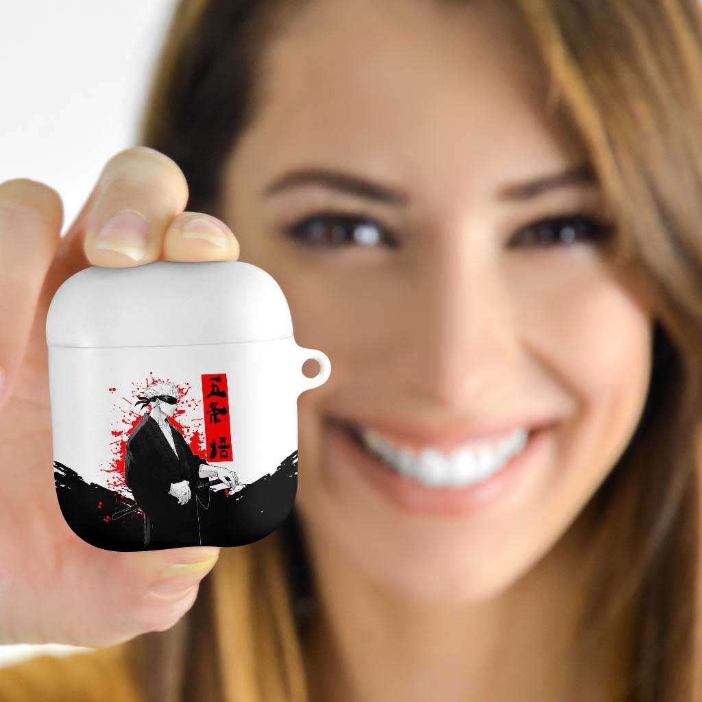 Satoru Gojo Jujutsu Kaisen Samurai Style AirPods Case with Katana, Red Kanji and Oni Mask Illustration - The Mazicc