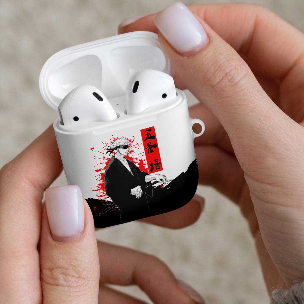 Satoru Gojo Jujutsu Kaisen Samurai Style AirPods Case with Katana, Red Kanji and Oni Mask Illustration - The Mazicc