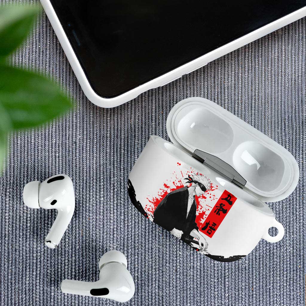 Satoru Gojo Jujutsu Kaisen Samurai Style AirPods Case with Katana, Red Kanji and Oni Mask Illustration - The Mazicc