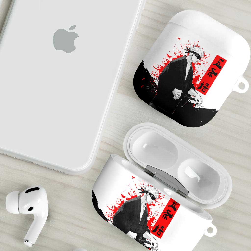 Satoru Gojo Jujutsu Kaisen Samurai Style AirPods Case with Katana, Red Kanji and Oni Mask Illustration - The Mazicc
