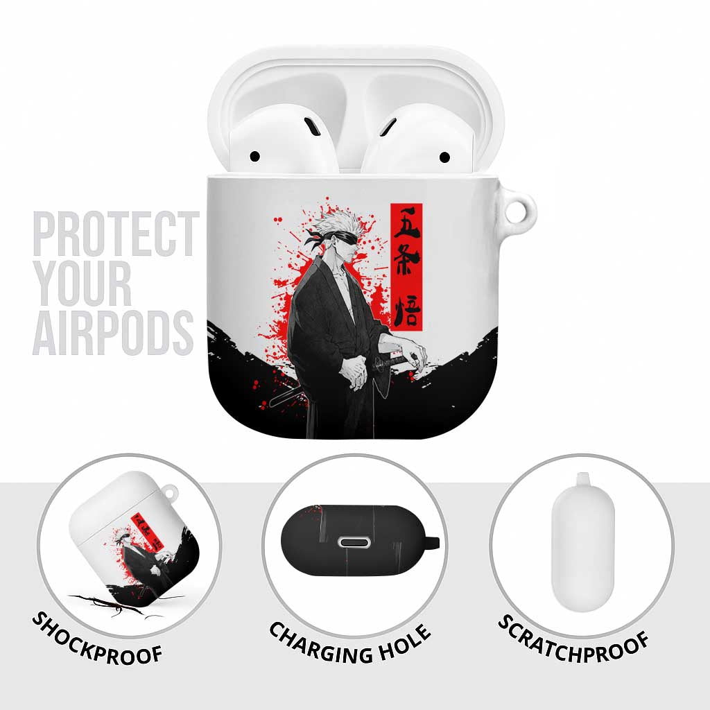Satoru Gojo Jujutsu Kaisen Samurai Style AirPods Case with Katana, Red Kanji and Oni Mask Illustration - The Mazicc