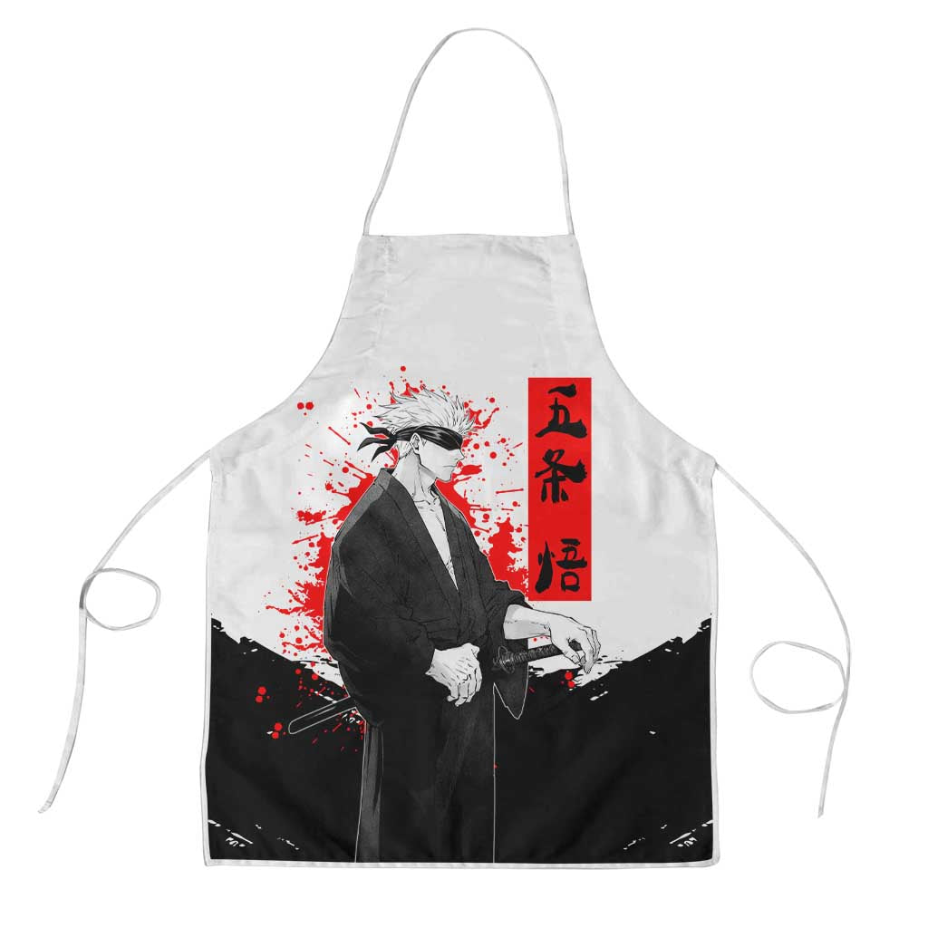 Satoru Gojo Jujutsu Kaisen Samurai Style Apron with Katana, Red Kanji and Oni Mask Illustration - The Mazicc