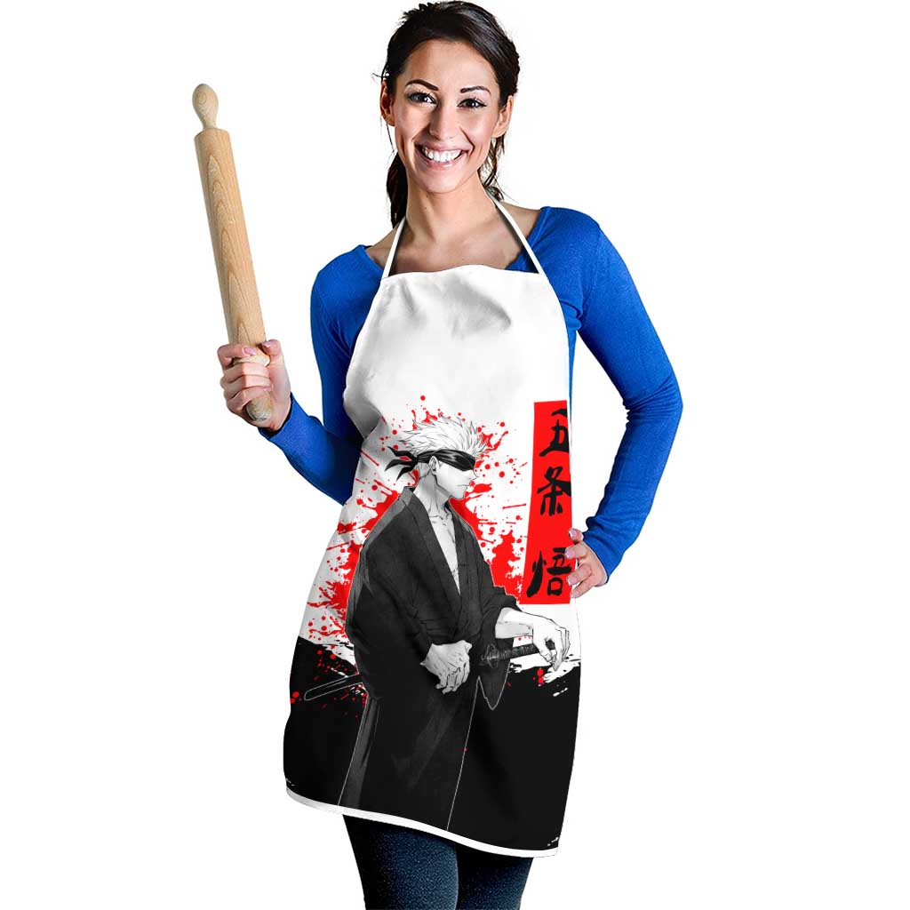 Satoru Gojo Jujutsu Kaisen Samurai Style Apron with Katana, Red Kanji and Oni Mask Illustration - The Mazicc