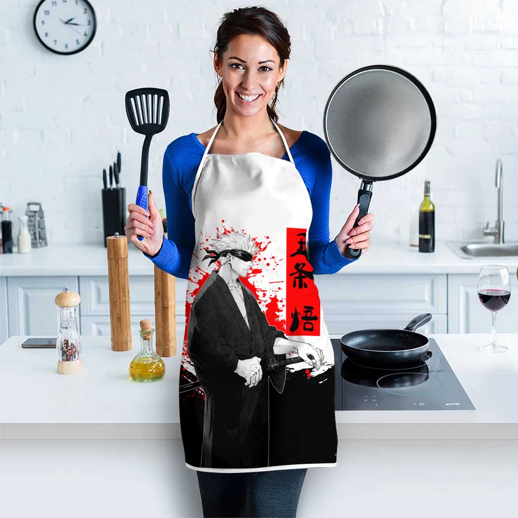Satoru Gojo Jujutsu Kaisen Samurai Style Apron with Katana, Red Kanji and Oni Mask Illustration - The Mazicc