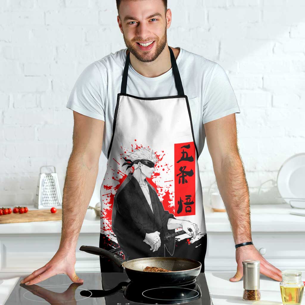 Satoru Gojo Jujutsu Kaisen Samurai Style Apron with Katana, Red Kanji and Oni Mask Illustration - The Mazicc
