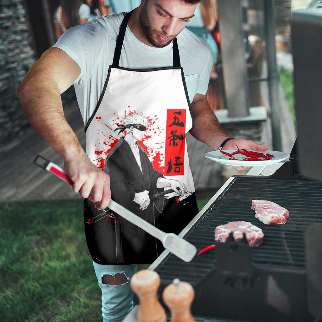 Satoru Gojo Jujutsu Kaisen Samurai Style Apron with Katana, Red Kanji and Oni Mask Illustration - The Mazicc