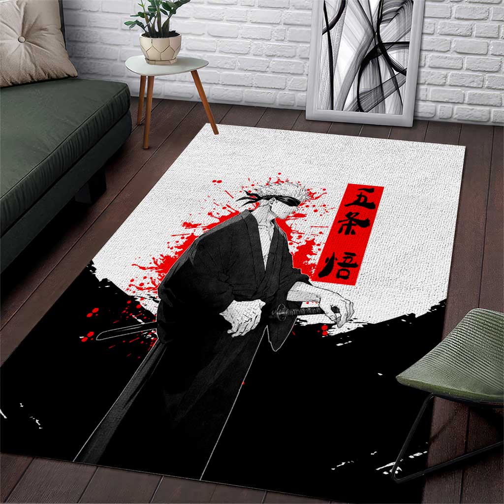 Satoru Gojo Jujutsu Kaisen Samurai Style Area Rug with Katana, Red Kanji and Oni Mask Illustration - The Mazicc