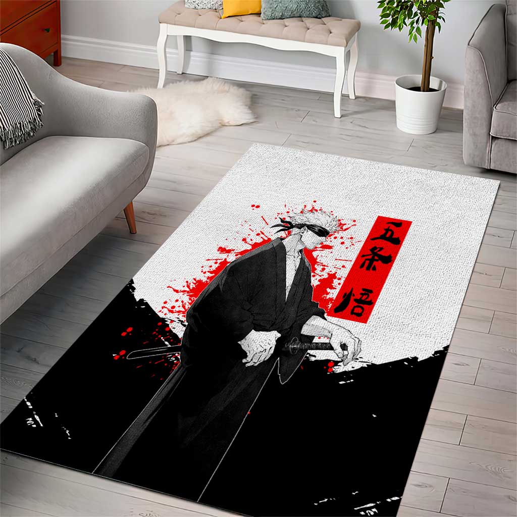 Satoru Gojo Jujutsu Kaisen Samurai Style Area Rug with Katana, Red Kanji and Oni Mask Illustration - The Mazicc