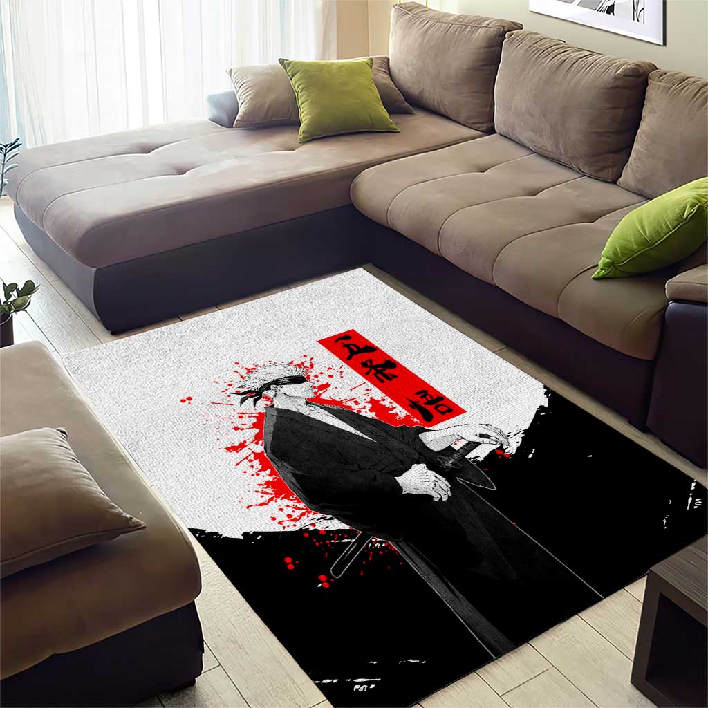 Satoru Gojo Jujutsu Kaisen Samurai Style Area Rug with Katana, Red Kanji and Oni Mask Illustration - The Mazicc