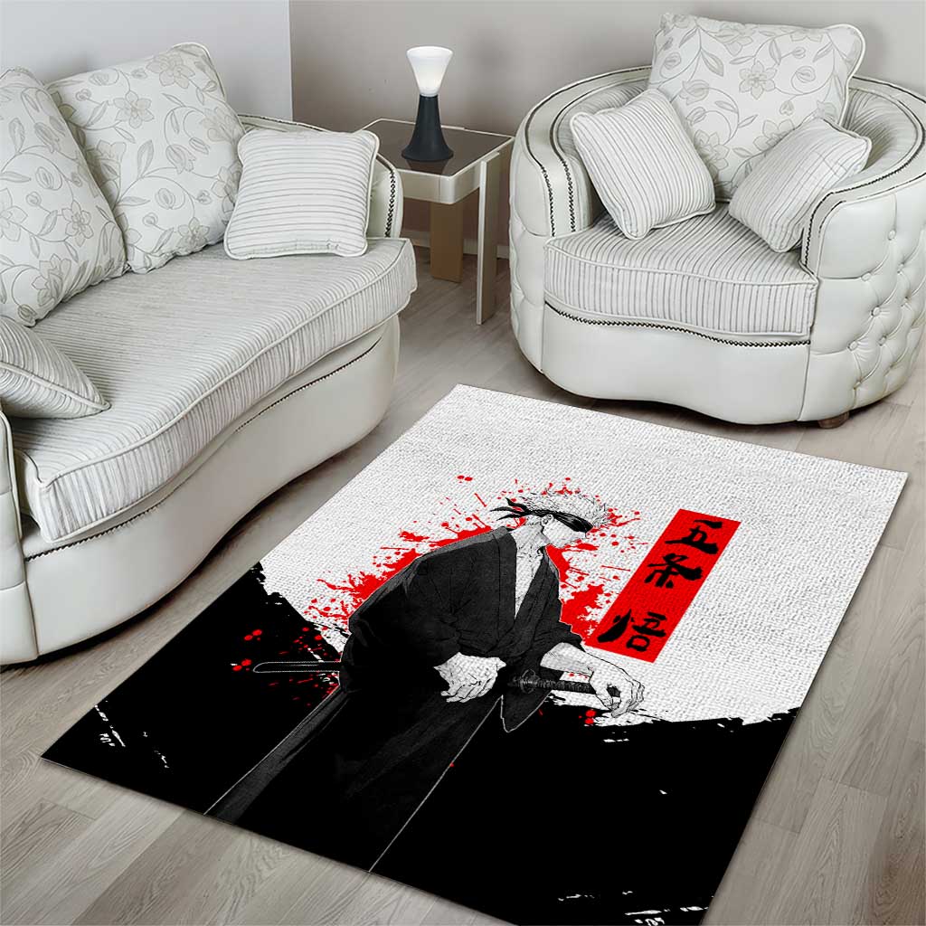 Satoru Gojo Jujutsu Kaisen Samurai Style Area Rug with Katana, Red Kanji and Oni Mask Illustration - The Mazicc
