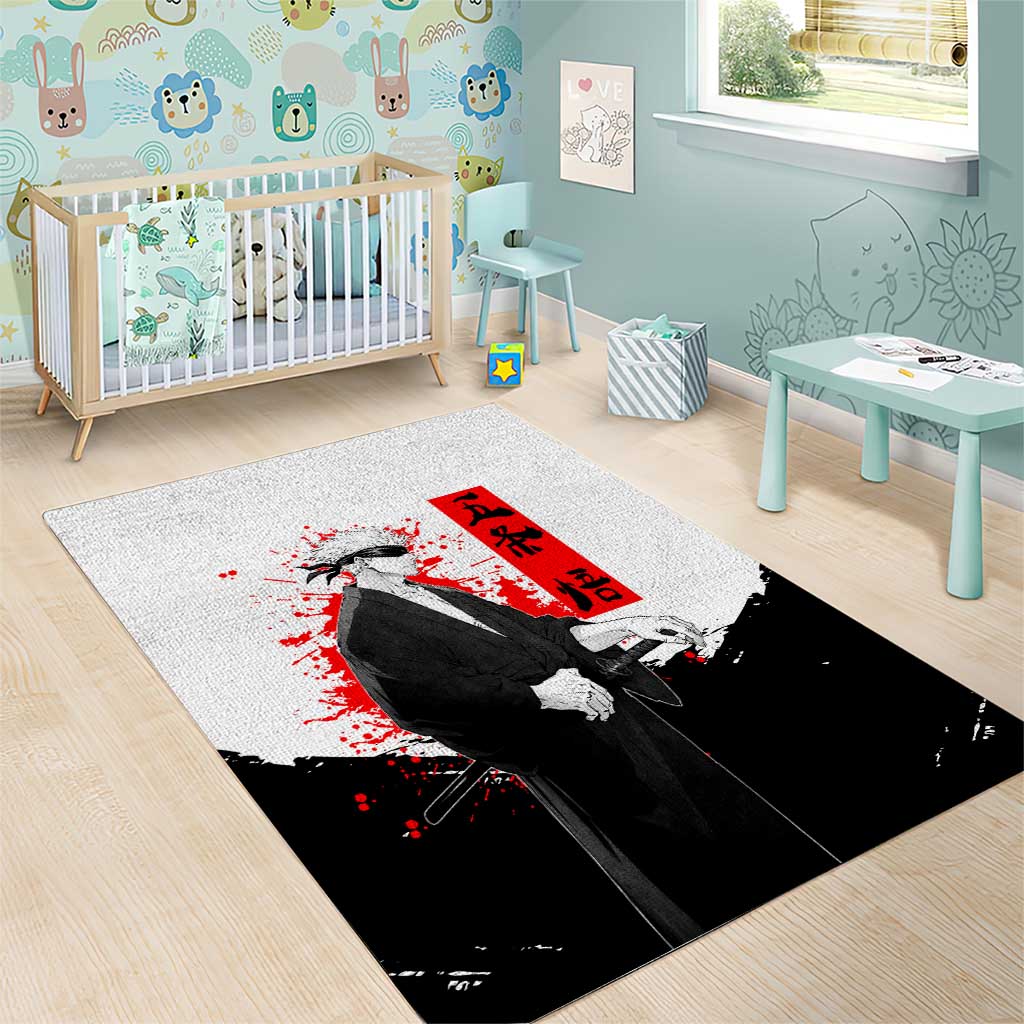 Satoru Gojo Jujutsu Kaisen Samurai Style Area Rug with Katana, Red Kanji and Oni Mask Illustration - The Mazicc