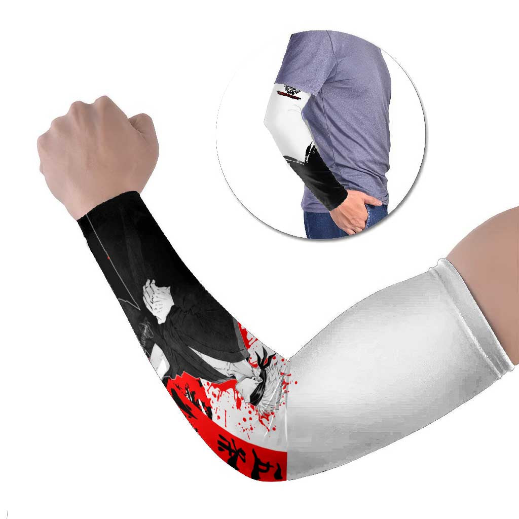 Satoru Gojo Jujutsu Kaisen Samurai Style Arm Sleeves with Katana, Red Kanji and Oni Mask Illustration - The Mazicc
