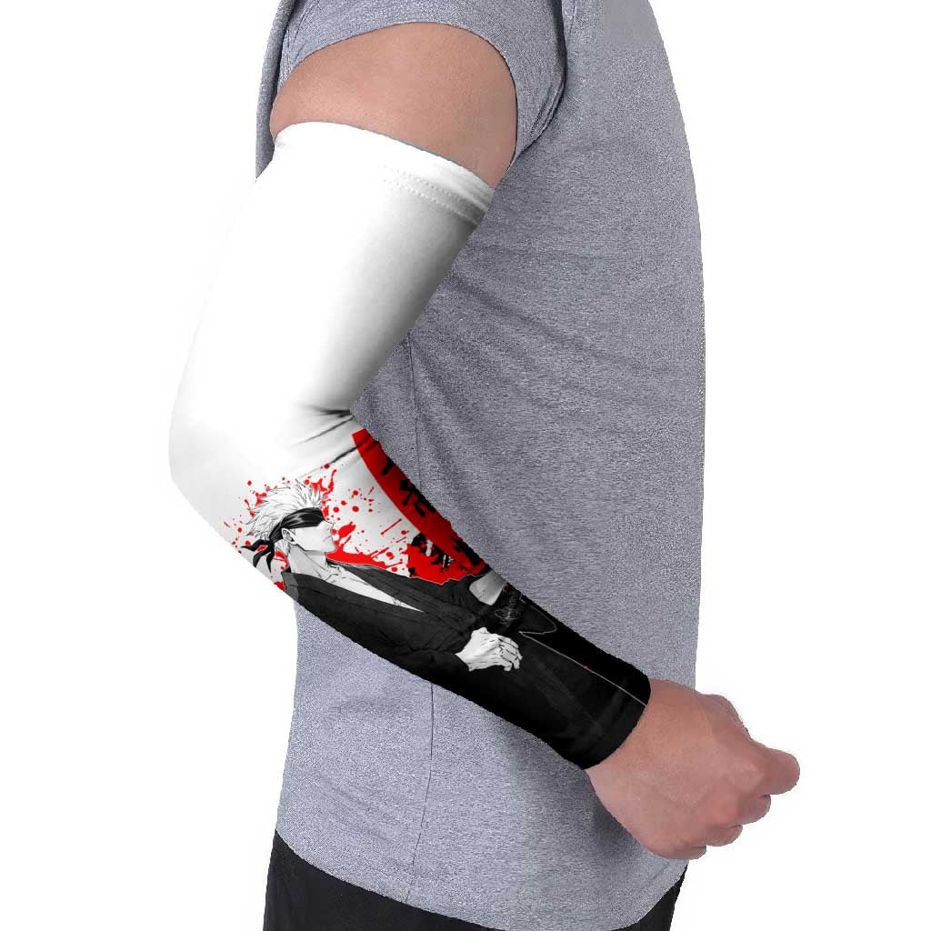 Satoru Gojo Jujutsu Kaisen Samurai Style Arm Sleeves with Katana, Red Kanji and Oni Mask Illustration - The Mazicc
